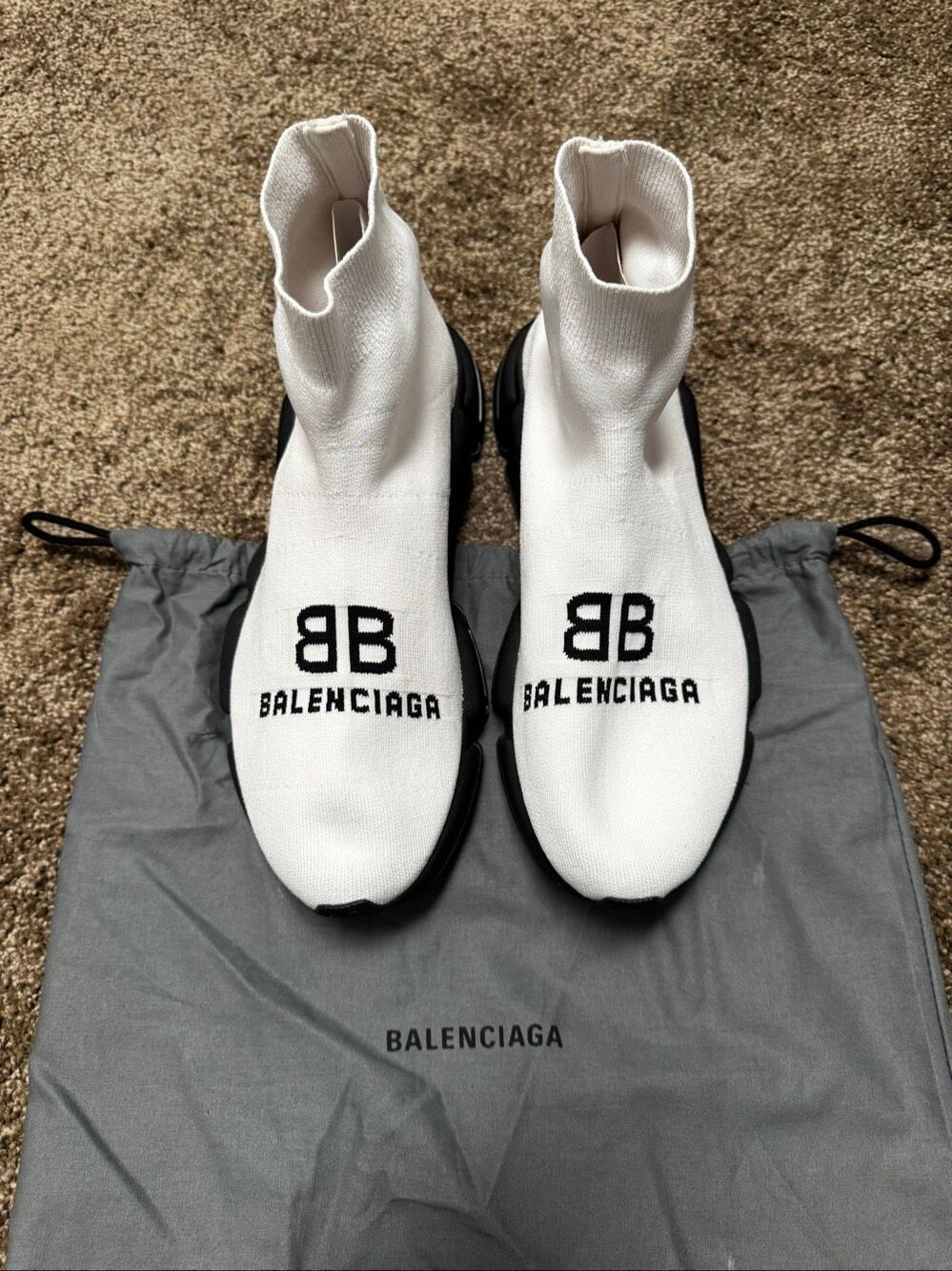 Balenciaga Men's White Black BB Logo Speed LT Knit Booties Size 41 EU NWOT